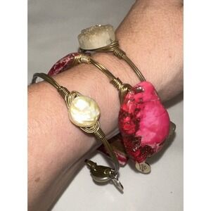 Bourbon & Bowties Gold Tone Druzy Pink Stone Pearl Bracelet Set (3) Boho 2.5 In